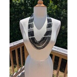 Himalayan Beaded Necklace Handmade Indian Black White 31"